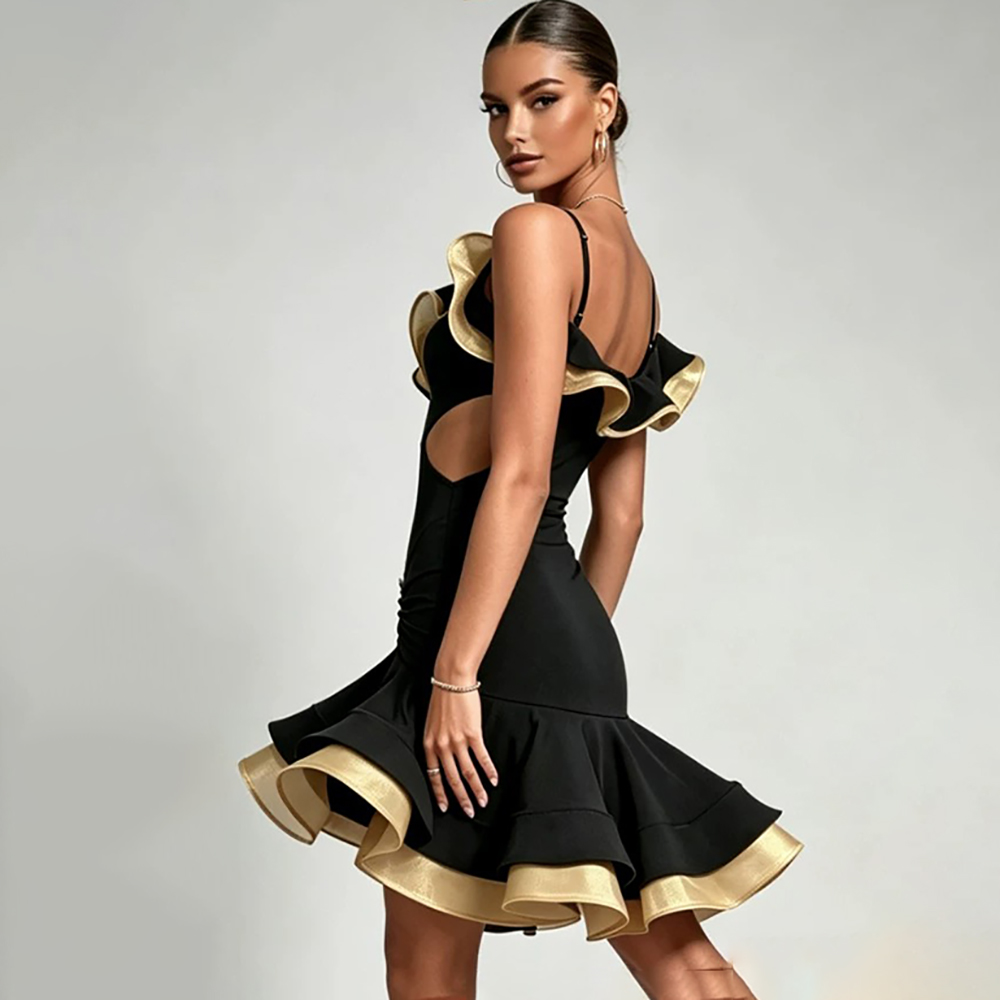 Nouvelle Robe de Danse Latine 2026 pour Femme, Volants et Découpes, Costume de Compétition Cha Samba Rumba, Tenue de Compétition Salsa Sans Manches