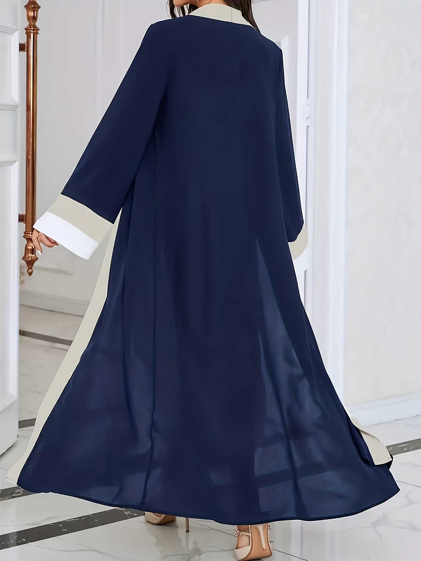 Robe longue décontractée et élégante pour femme, col ouvert, manches longues, color-block, coupe ajustée, extra-longue, tendance, pour femmes musulmanes