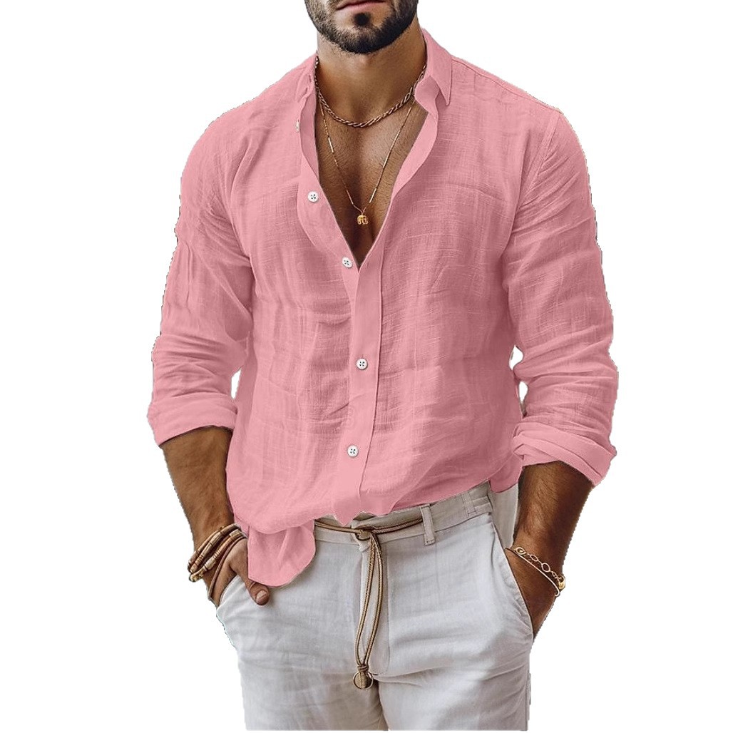 Hommes Blouse chemises été col rabattu à manches longues bouton couleur unie vêtements de plage amples lin Blouse hauts NMD-20250821001
