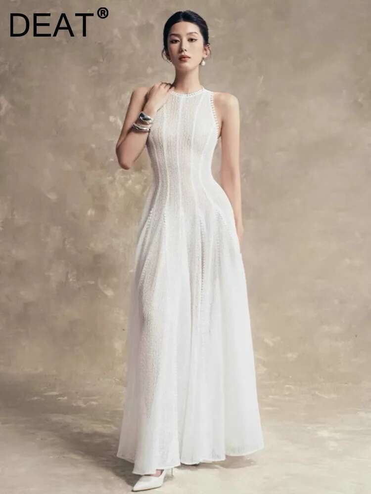DEAT 2026 Robe sans manches à col rond, coupe ajustée, taille haute, longueur ras du sol, style Vestido, Robes de soirée WQ10503