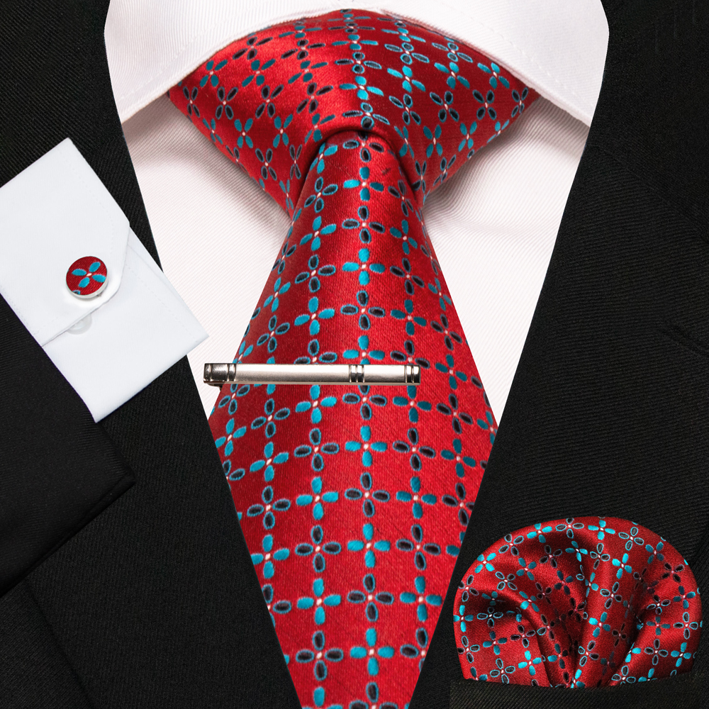 KAMBERFT nouveau classique soie hommes cravate rouge or rayé hommes cravate mouchoir boutons de manchette ensemble mariage affaires fête Gravatas