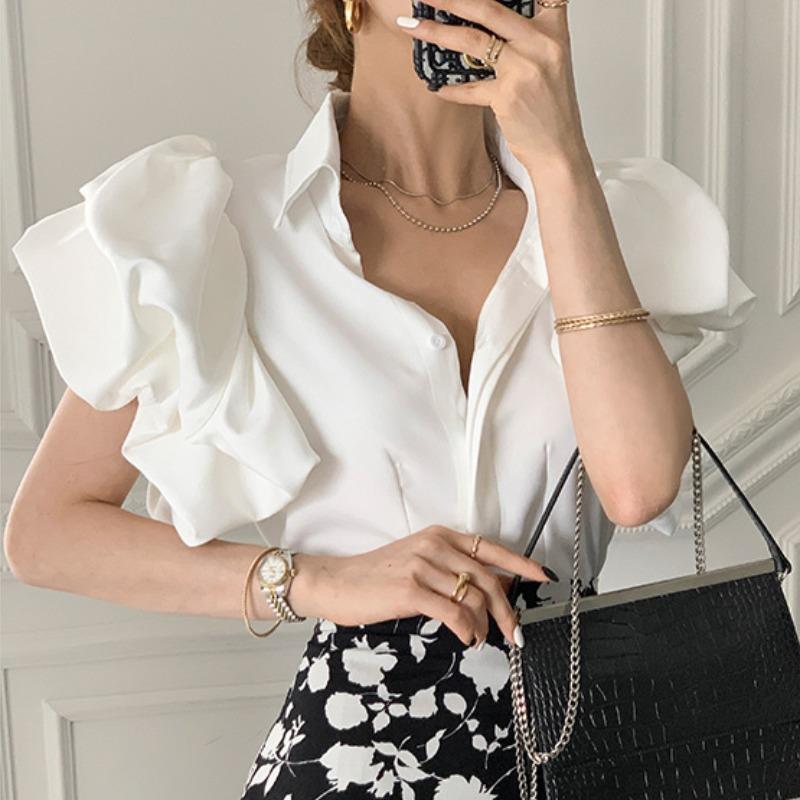 Chemises noires décontractées pour femmes, chemisier à simple boutonnage, style palais, bouffantes, manches courtes lanterne en Y, chemise d'été