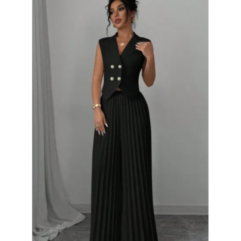 Gilet et pantalon formel élégant pour femmes, 2 pièces, nouvelle mode rétro, jambes larges plissées, amincissant, sans manches, ensemble féminin, printemps