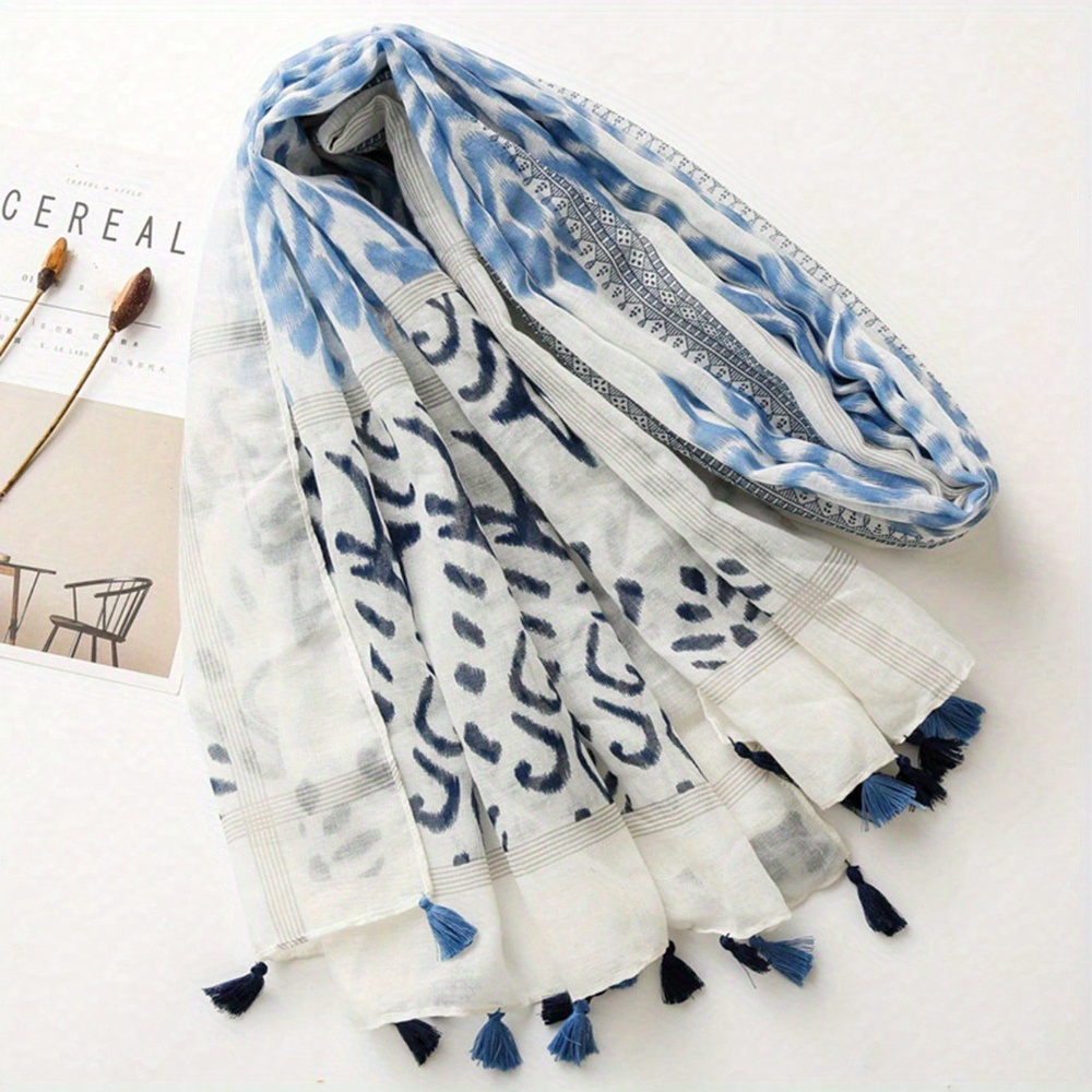 Écharpe légère à franges de Style bohémien, imprimé géométrique rétro bleu et blanc, nouvelle collection élégante en mousseline de soie balineuse rétro pour dames, 1 pièce