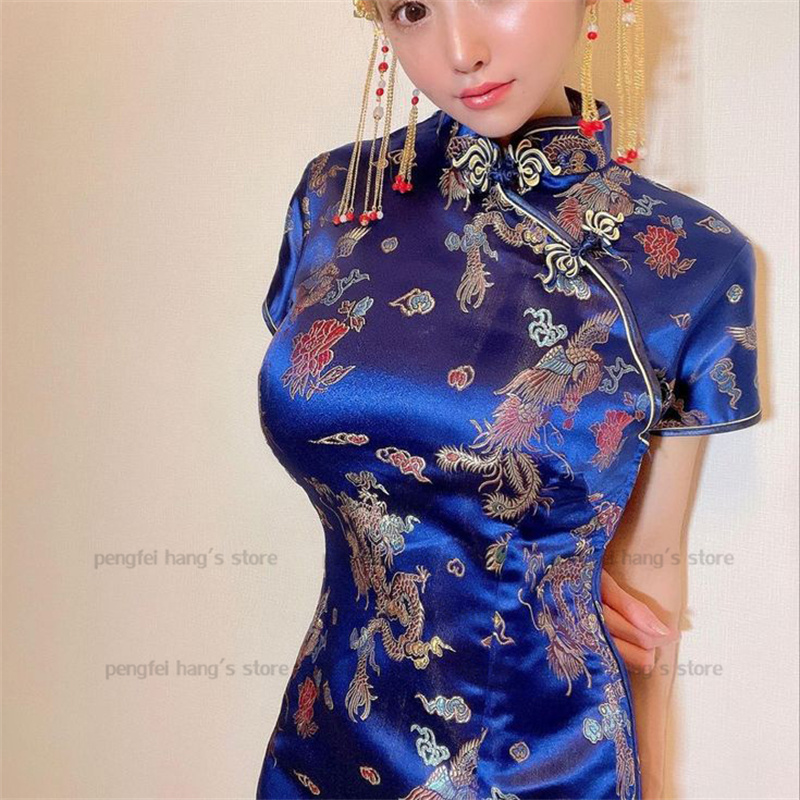 Robe courte en satin pour femme, tenue de soirée, vintage, dragon, phénix, cheongsams, bleu marine, traditionnelle chinoise