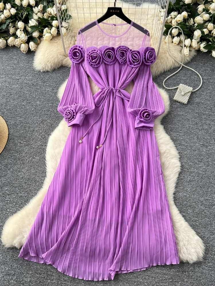Robe plissée pour femmes, nouvelle mode d'été, industrie lourde, fleur tridimensionnelle, Perspective, couture en maille, taille, 2025