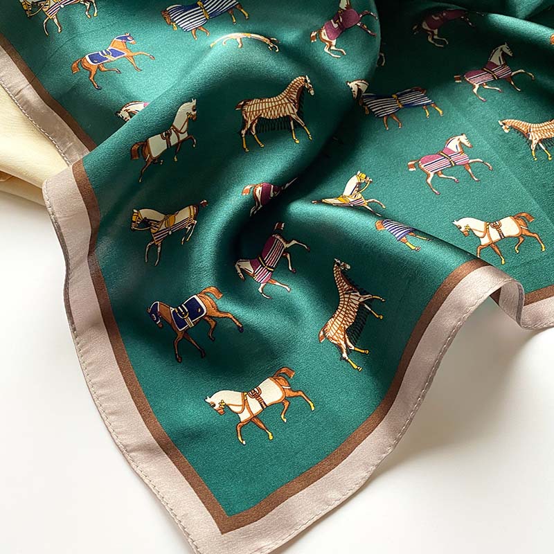 Écharpe de cou de marque de luxe pour femmes, écharpes de tête de cheval imprimées, écharpes de cheveux pour dame, écharpes de bureau, châles bandana carrés, injPresidency, 100%