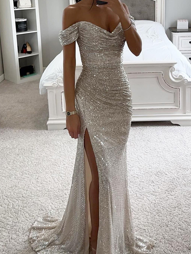Robe longue à paillettes pour femmes, robe de soirée sexy pour dames, robe de Rhà col slash, robe haute fendue, robe éducative, mode élégante, hors initié
