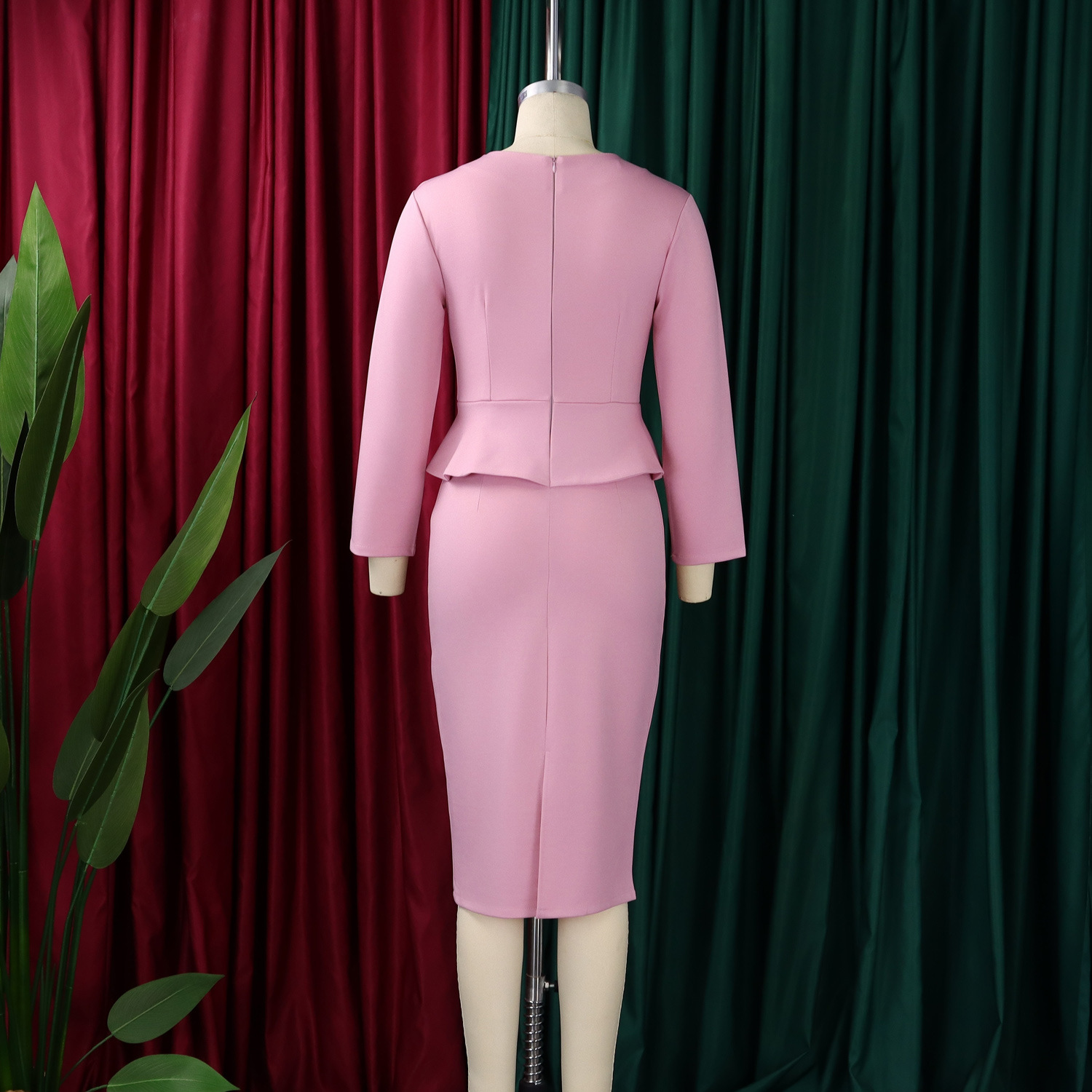 Robes moulantes élégantes pour femmes, col rond, manches longues, décoration florale, gaine solide, paquet de hanches, mi-mollet, robe de travail professionnelle