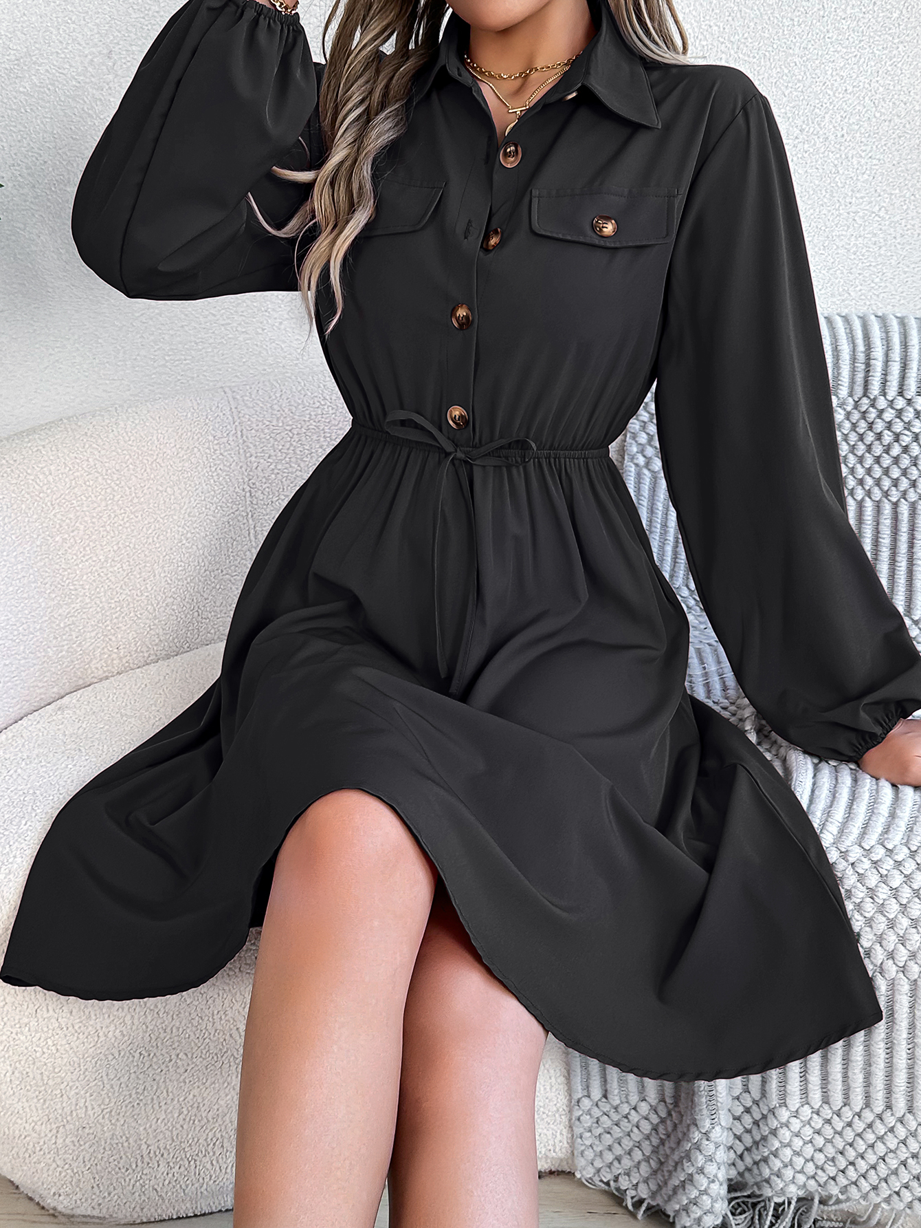 Robes d'automne et d'hiver pour femmes, décontractées, couleur unie, boutonnées, à nouer, à manches longues, bleu, vert, noir, rouge, vêtements pour femmes