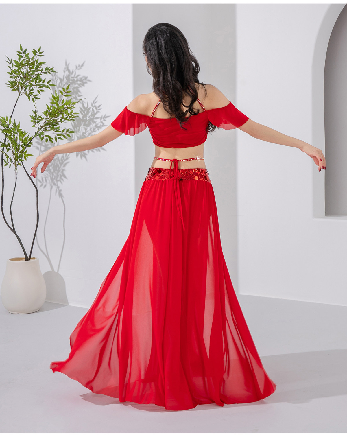 Tenue de Danse Orientale Élégante avec Paillettes Scintillantes, Jupe Longue Brillante, Haut Halter pour Filles et Groupes de Danse