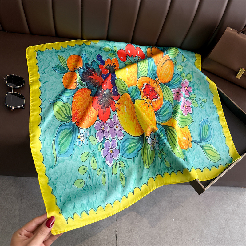 Foulard carré en soie imprimé fruits pour femmes, cravates de cou, Hijab doux, Foulard Bandana, décoration féminine, nouvelle collection 2026