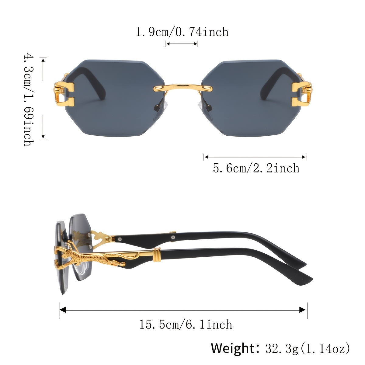 Lunettes de soleil carrées sans monture tendance et luxueuses, unisexes, avec décor léopard en métal sur les branches, pour hommes et femmes