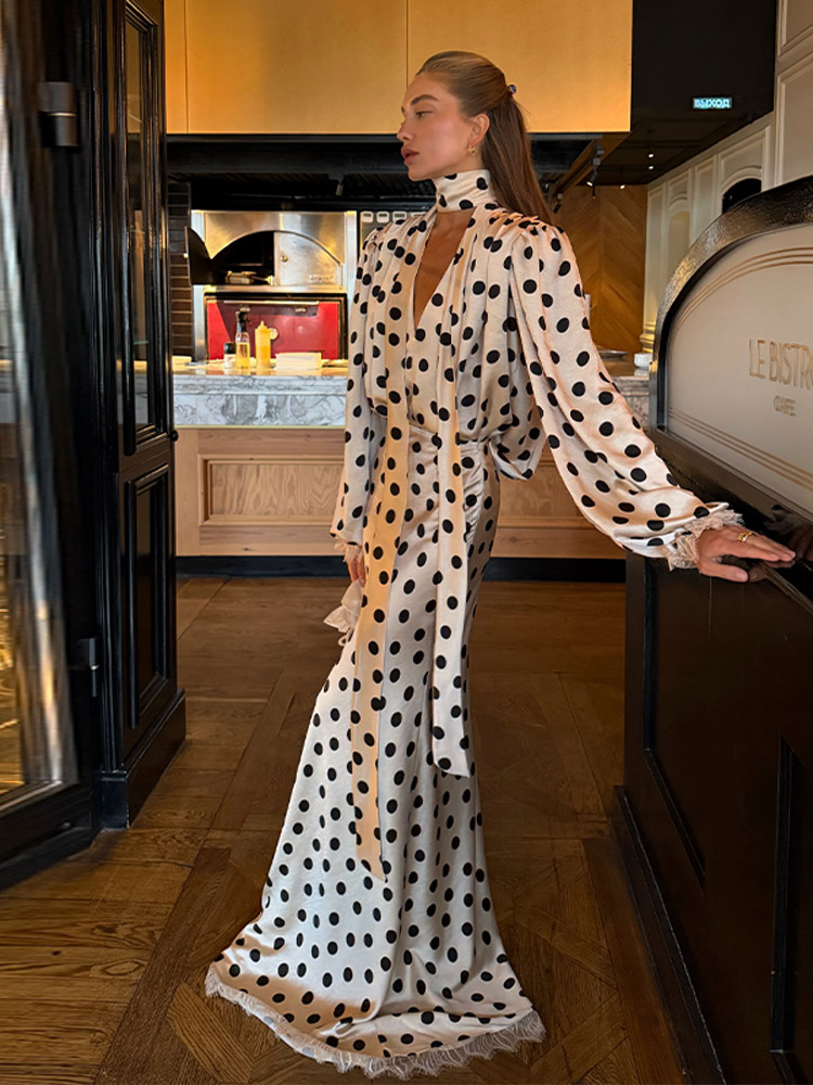 Nouvel ensemble élégant pour femme : Haut ample à col en V et manches bouffantes, jupe longue taille haute à pois