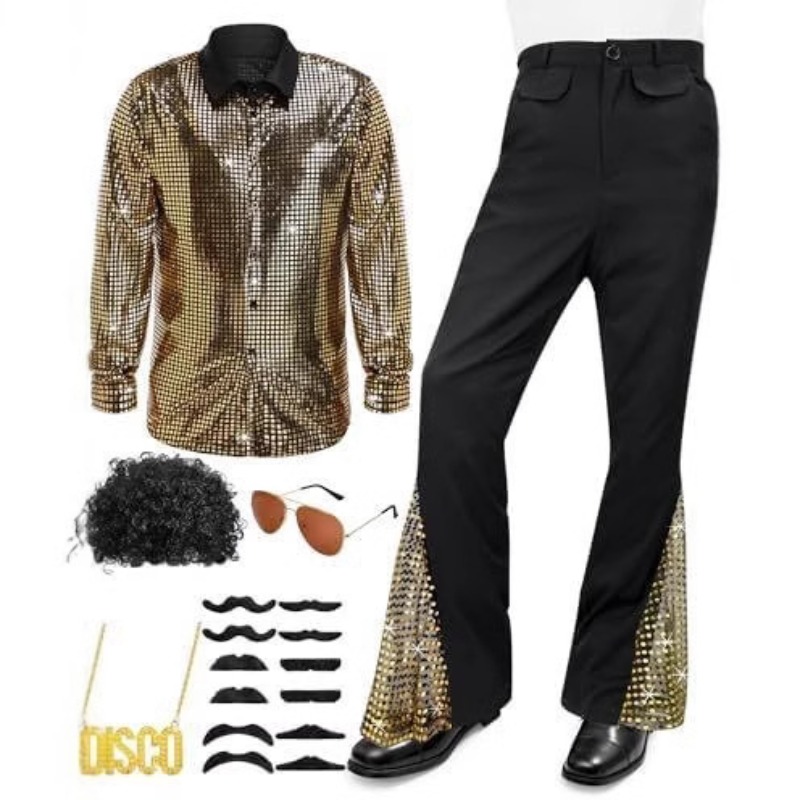 Costume d'halloween Hippie des années 60 et 70, pantalon à paillettes, chemise, hauts, bas de cloche, pantalon évasé pour hommes, tenue brillante de danse Disco pour chanteur