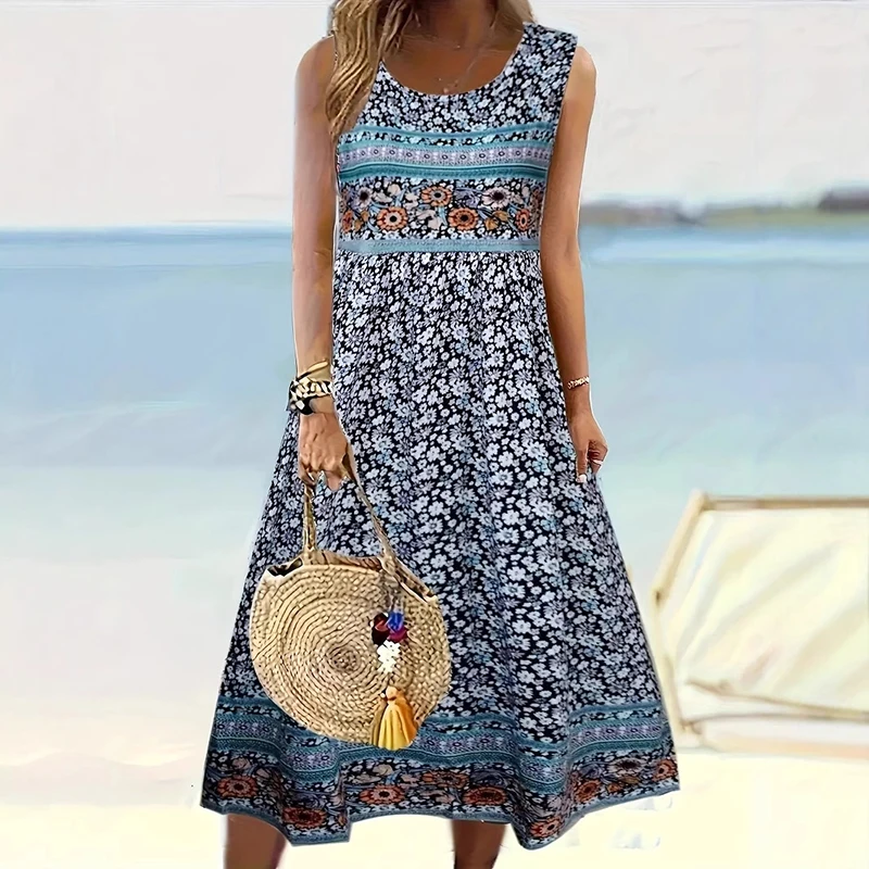 Robe Maxi imprimée Vintage pour femmes, tenue longue décontractée sans manches, grande taille, robe de plage, de soirée, style Boho, été
