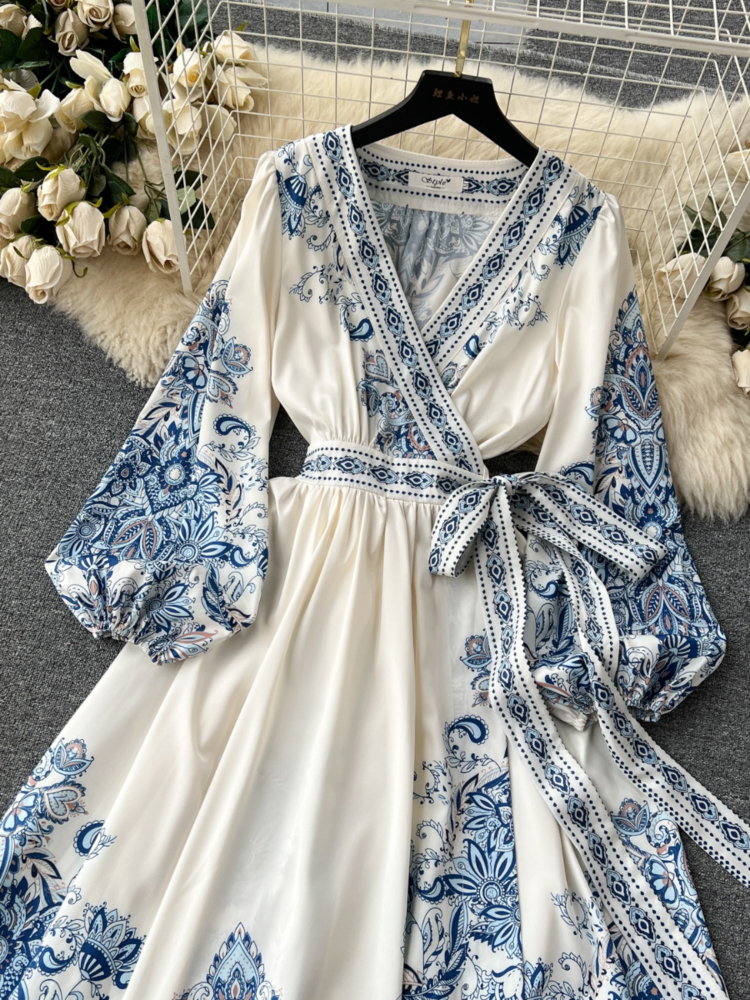 Robe Longue Bleue Élégante pour Femme, Style Court, Imprimé, Sexy, Col en V, Lanterne, Manches sulf, Français, Taille Haute, Bandage