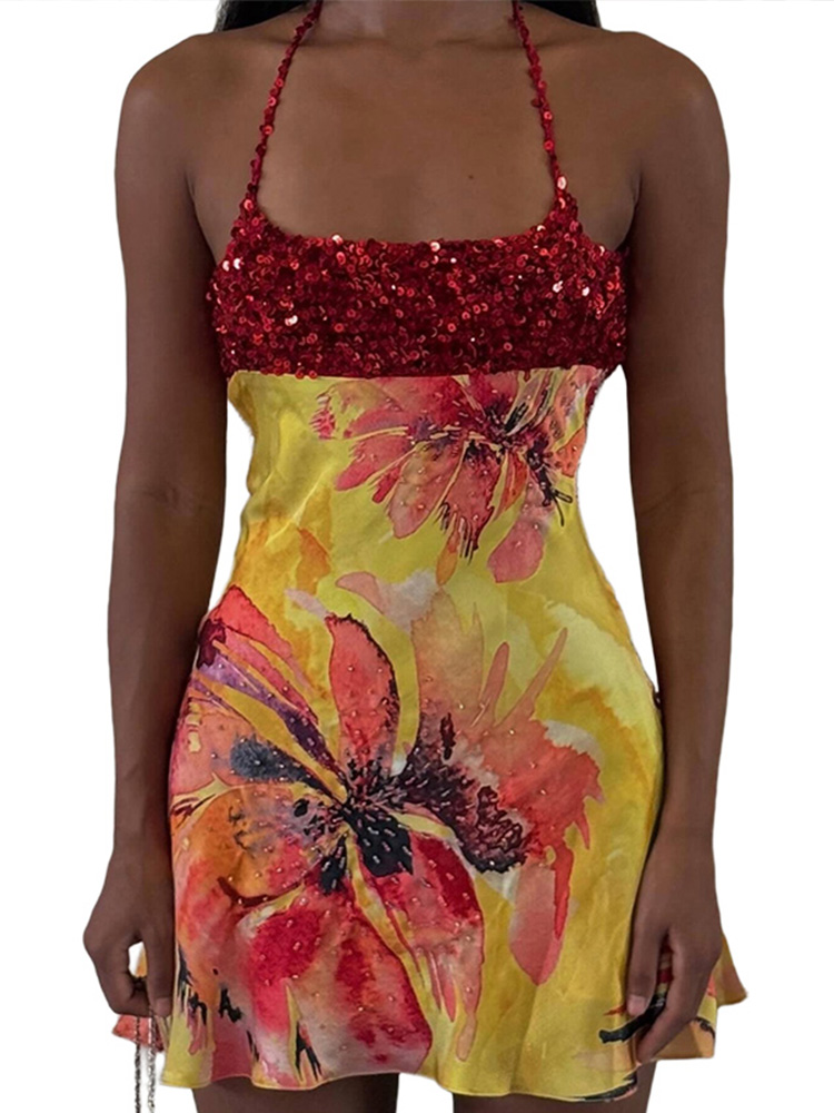 Robe Courte Sexy Imprimée à Paillettes pour Femme, Robe de Soirée Sans Manches Dos Nu Halter Ajustée, Collection Printemps-Été 2026, Élégante Robe Féminine