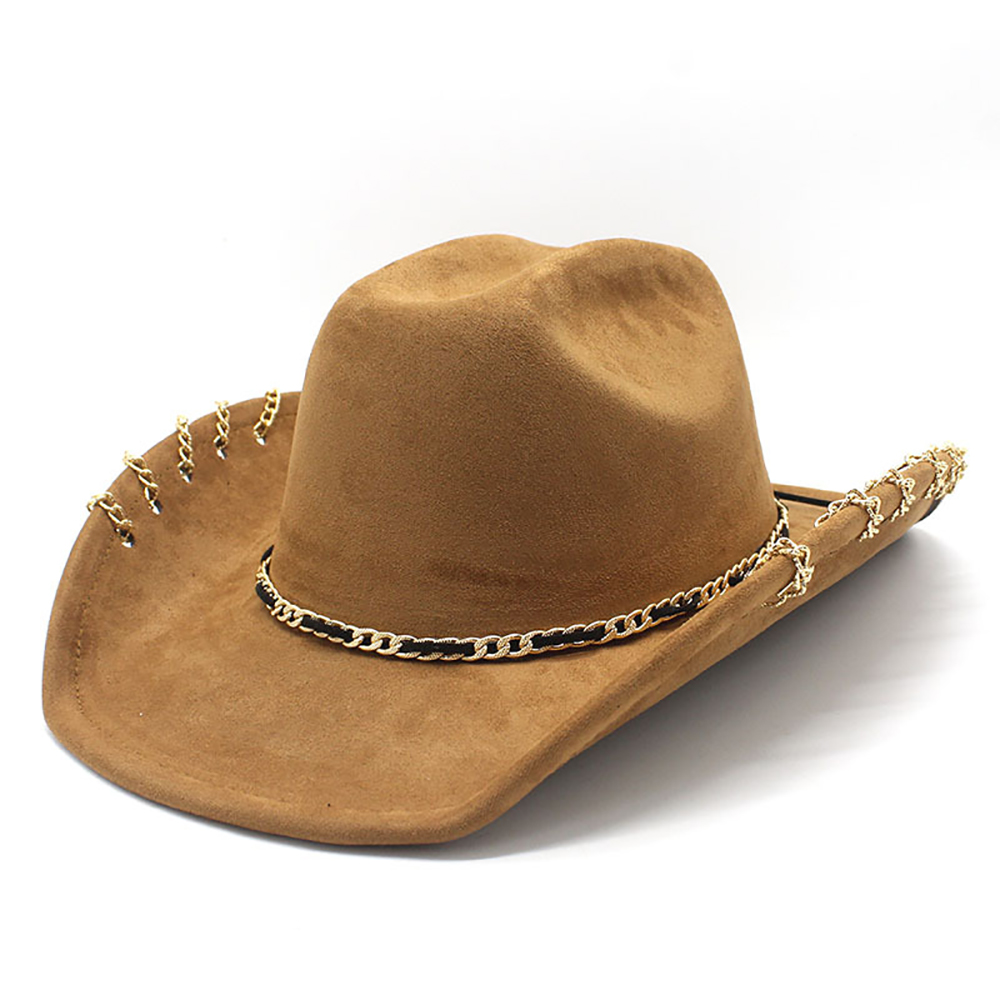 Chapeau de Cowboy occidental tendance pour hommes et femmes, avec chaîne en métal, visière en daim à large bord, casquette de Jazz à la mode