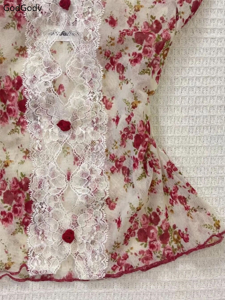 2025 été femme Floral licou dentelle Blouse 2025 Vintage Sexy Slim Fit fée mode coréenne femme hauts tenues Style élégant