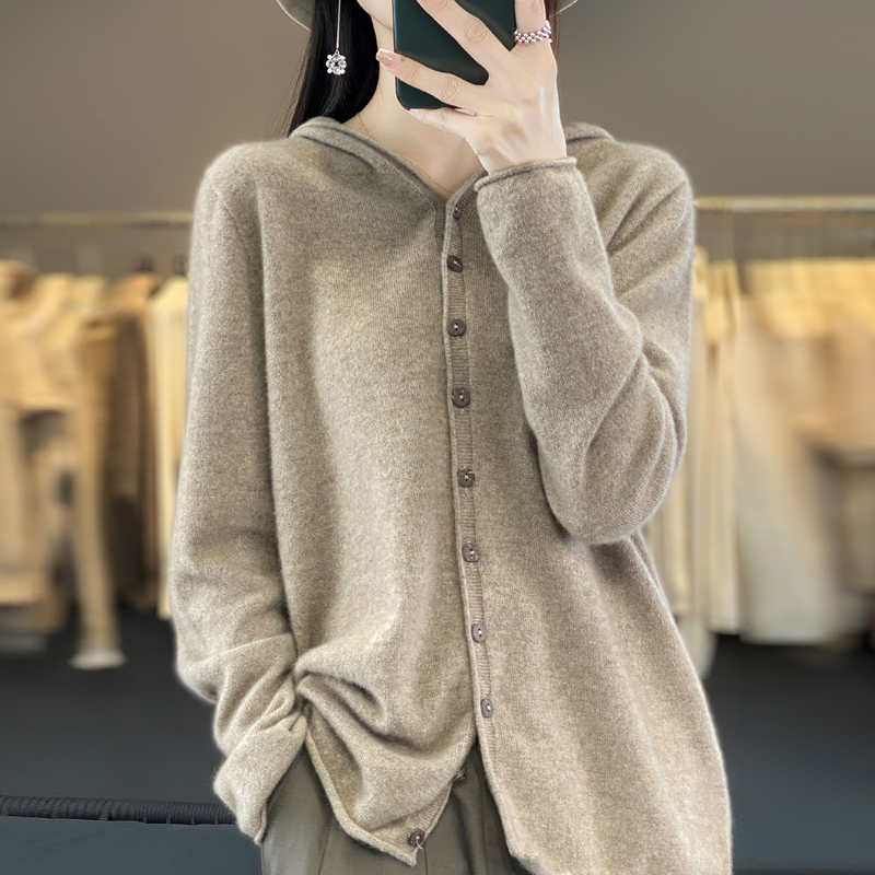 Cardigan à Capuche en Cachemire 100% Laine Mérinos pour Femme, Pull Solide, Tricot Chaud
