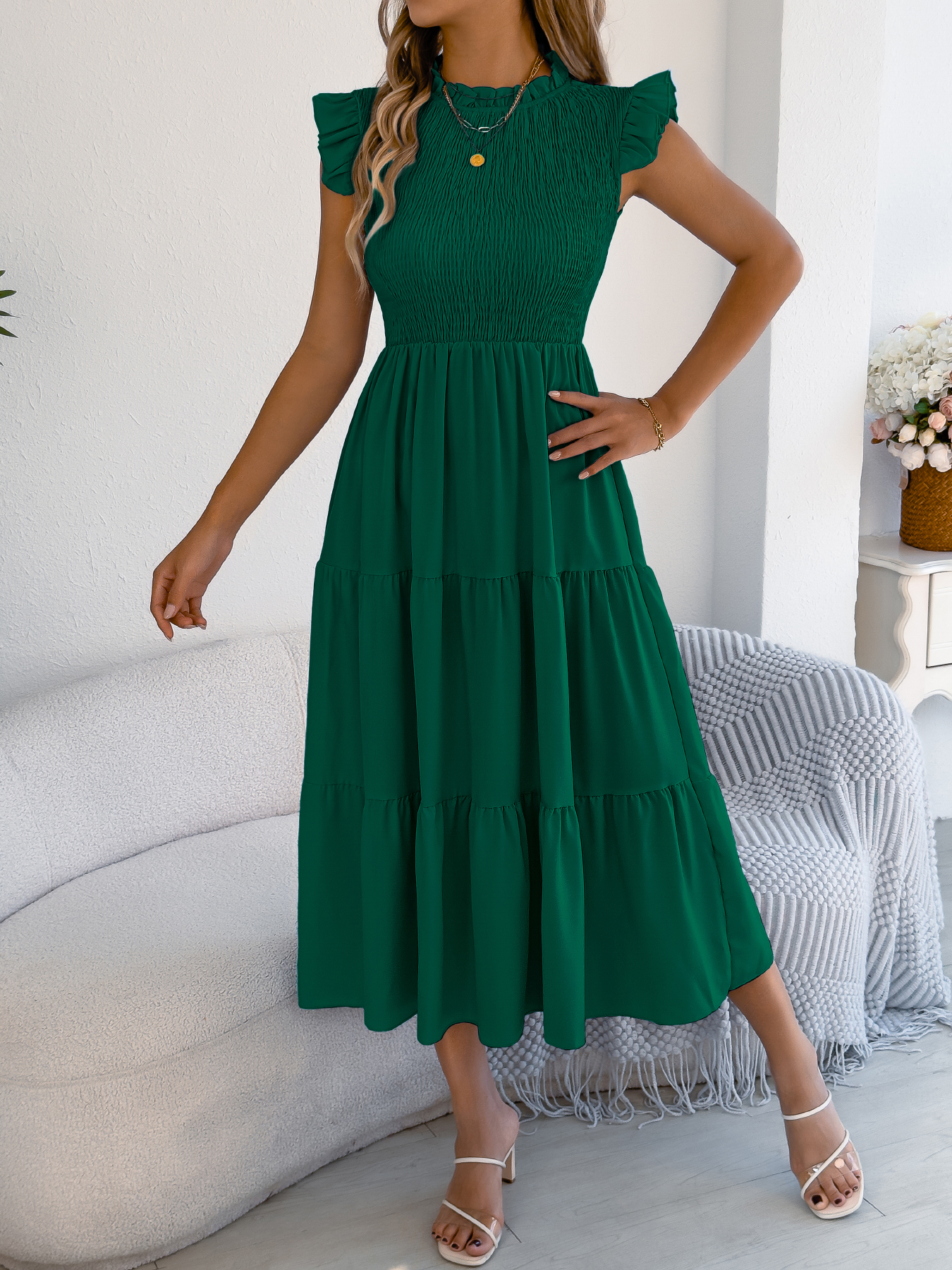 Robes élégantes à volants pour femmes Printemps-Été 2026 – Robe longue décontractée sans manches à col rond de couleur unie pour les vacances – Bleu Vert