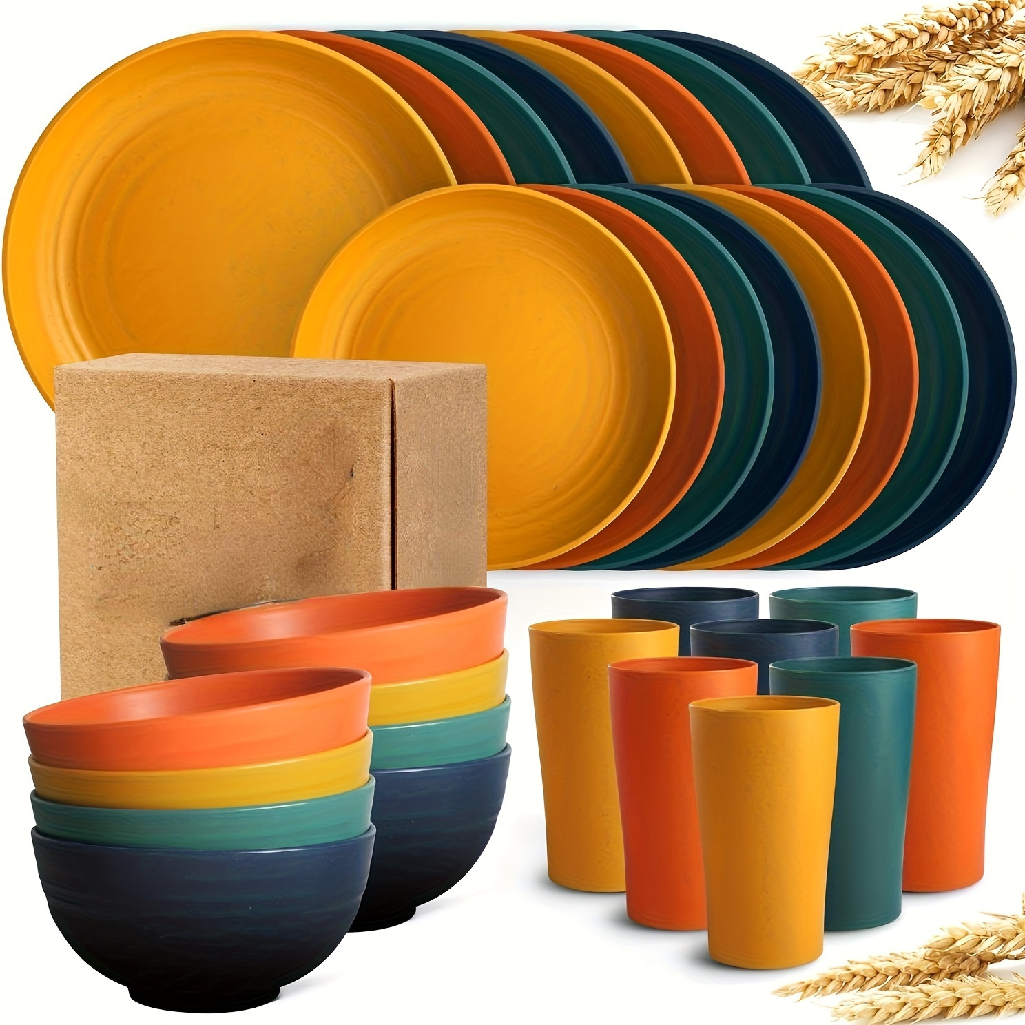 Service de vaisselle en plastique de cuisine 32 pièces, service pour 8 assiettes queplate, assiette à dessert, bols à céréales, standard, incassable
