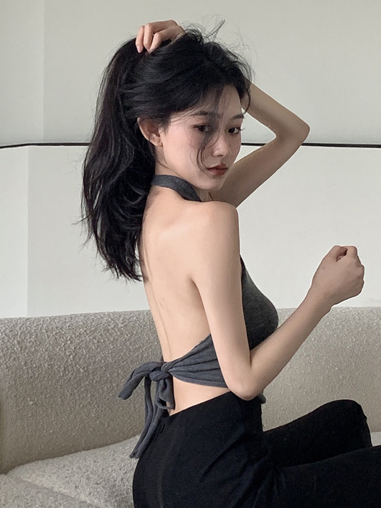 Crop Top Style Coréen Pure Desire Sweet pour Femme, Débardeur Y2K Halter à Nouer Dos Nu en Maille Sans Manches, Cami Extérieur Flatteur pour la Silhouette
