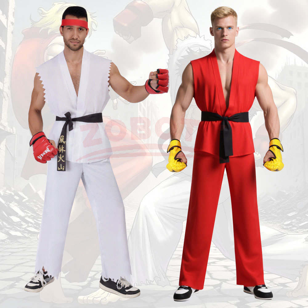 Costume de cosplay Street Fighter Ryu et Ken, uniforme d'arts martiaux blanc et rouge avec ceinture, tenue de karaté pour hommes adultes
