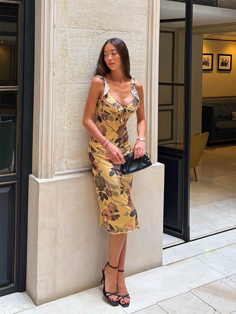 Ahagaga Robes longues chics pour femmes, sexy, en maille, imprimé léopard, à volants, manches courtes, col en V profond, coupe ajustée, style décontracté streetwear, Vestidos