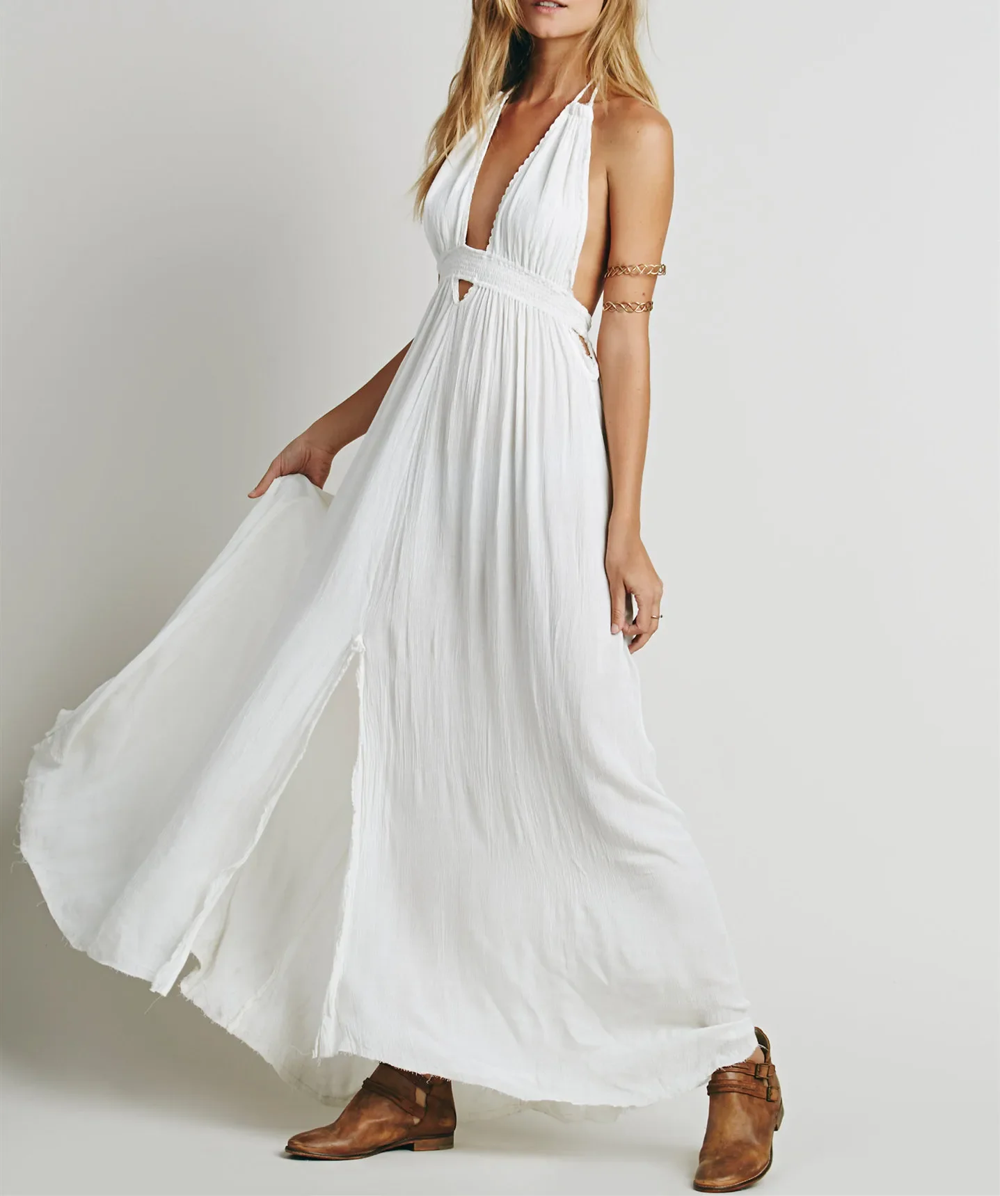 Canwedance plage robe d'été col en V dos nu Sexy robe de vacances coton Maxi robes Boho robes vacances robe sans bretelles