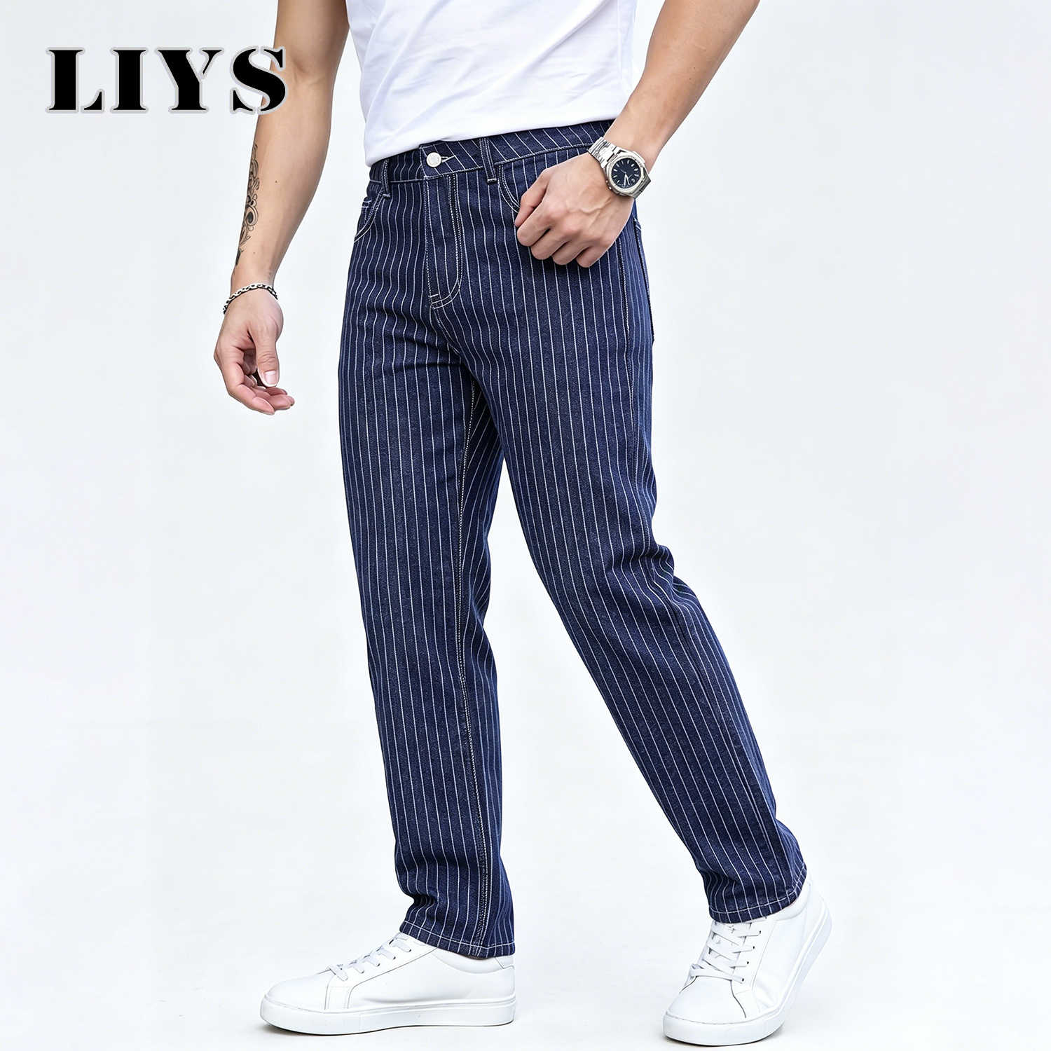 Jean slim jacquard rayé bleu et blanc LIYS, coupe droite élastique, style décontracté chic pour le bureau et les trajets quotidiens ﻿