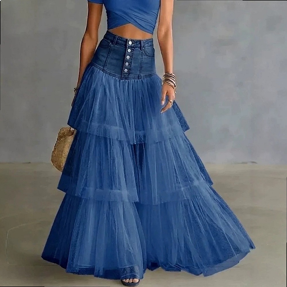 Jupe en jean superposée à empiècements en maille pour femme, taille haute, coupe trapèze, collection Printemps-Été 2026