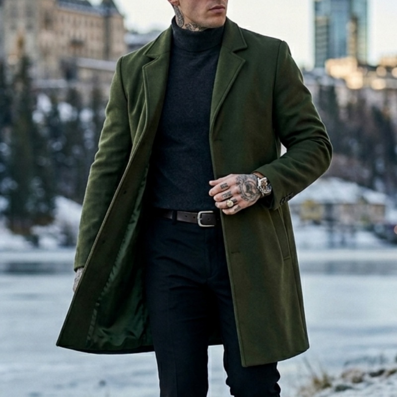 Nouveau manteau long en tissu mélangé pour homme - Fermeture à un seul bouton |   Veste de costume style business-casual et streetwear pour homme, hiver
