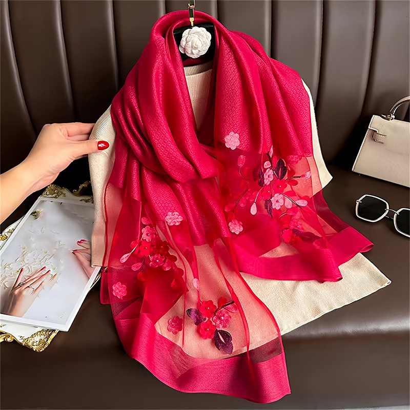 Foulard de Luxe Brodé de Fleurs pour Femme, Hijab Enveloppant, Écharpe de Sauna, 2024