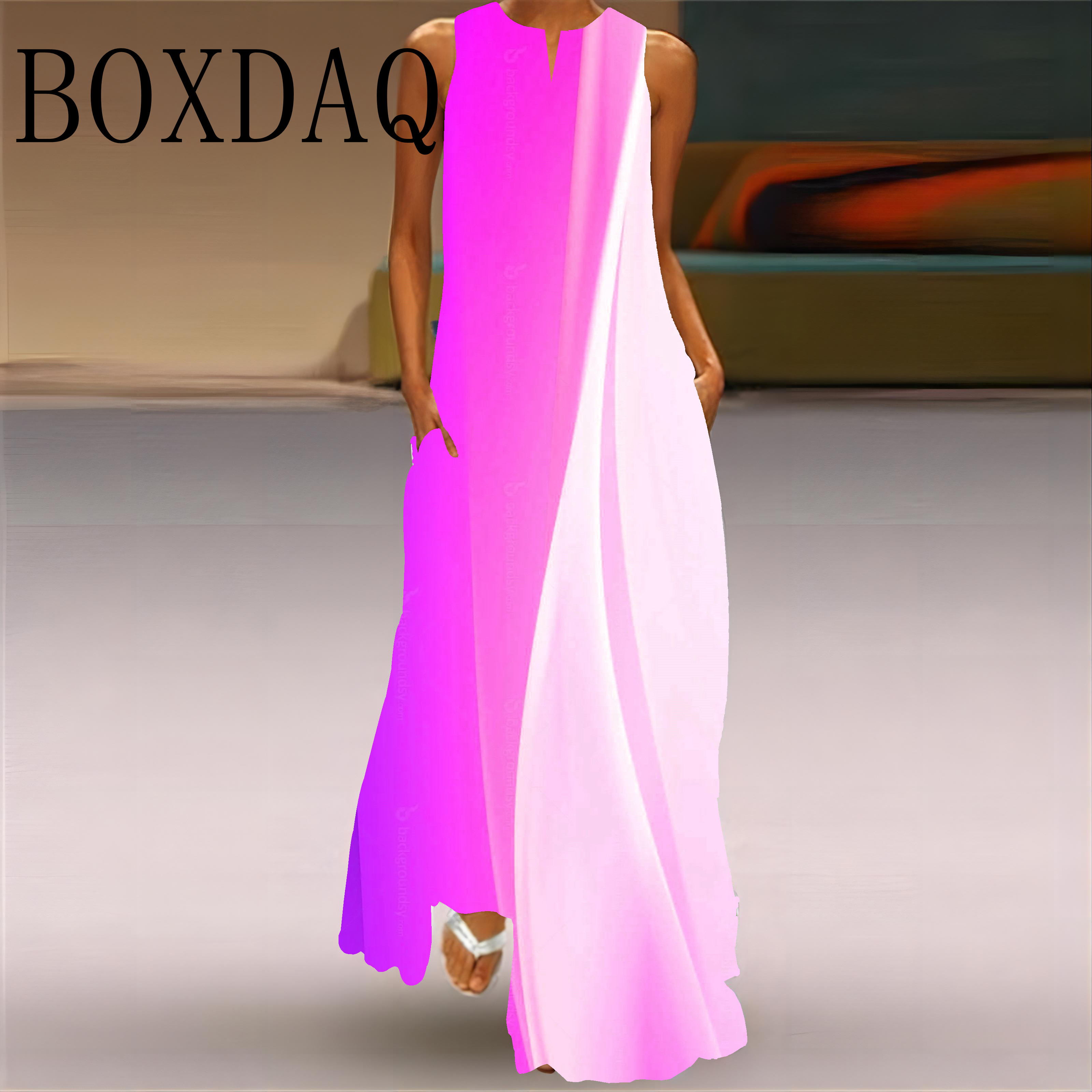 Robe Maxi à imprimé dégradé pour femmes, ample, sans manches, longue, élégante, mode dames, col en V, poches, nouvelle collection été 2025