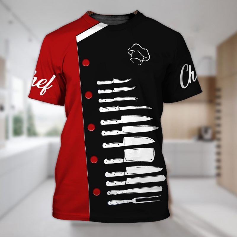 T-shirt à motif uniforme de chef pour hommes, couteau de chef imprimé en 3D, t-shirts d'été Harajuku à manches courtes, hauts amples de style streetwear, t-shirts de sport