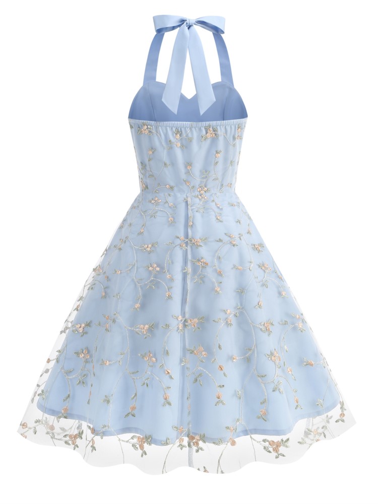 Robe mi-longue en maille brodée à imprimé Floral, mode d'été élégante, col licou, robes de soirée d'anniversaire à lacets