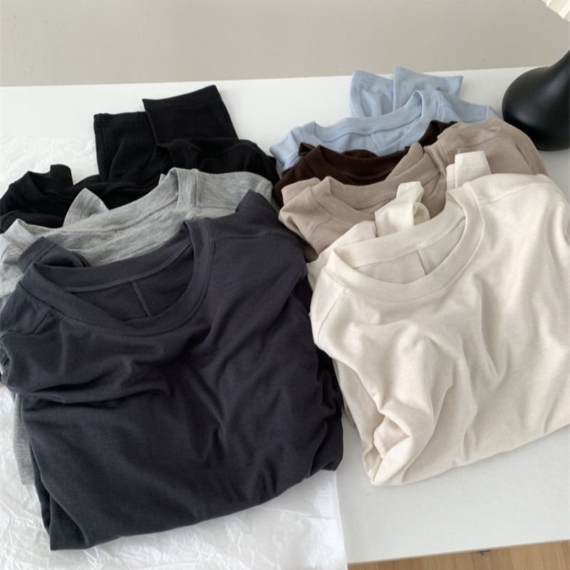 T-shirt à manches longues pour femmes, épissure de laine de soie, haut fin, doux, cireux, couleur unie, printemps été