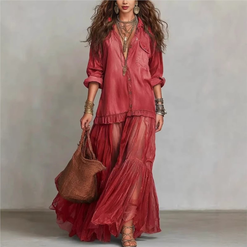Nouvelle Robe Longue Décontractée et Élégante pour Femme en Imitation Jean avec Empiècements en Maille, Manches Longues, Col en V et Ourlet en Organza, Fermeture Simple Boutonnage, Collection Automne