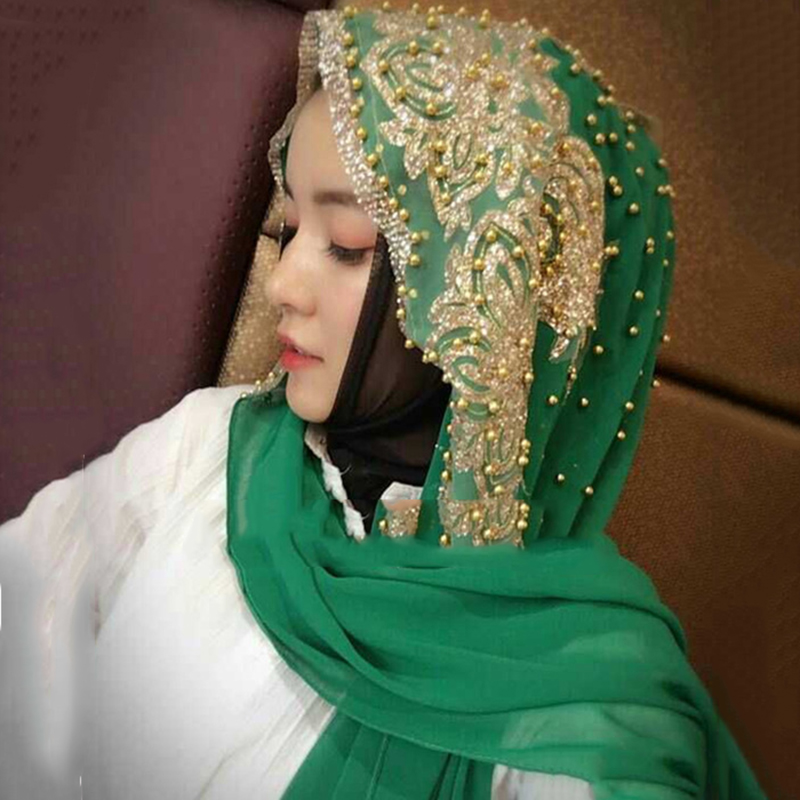 Mousseline de soie Hijab écharpe musulman islamique Hijabs foulards pour femme longs couvre-chef avec perle foulard châle enveloppement prière Turbante