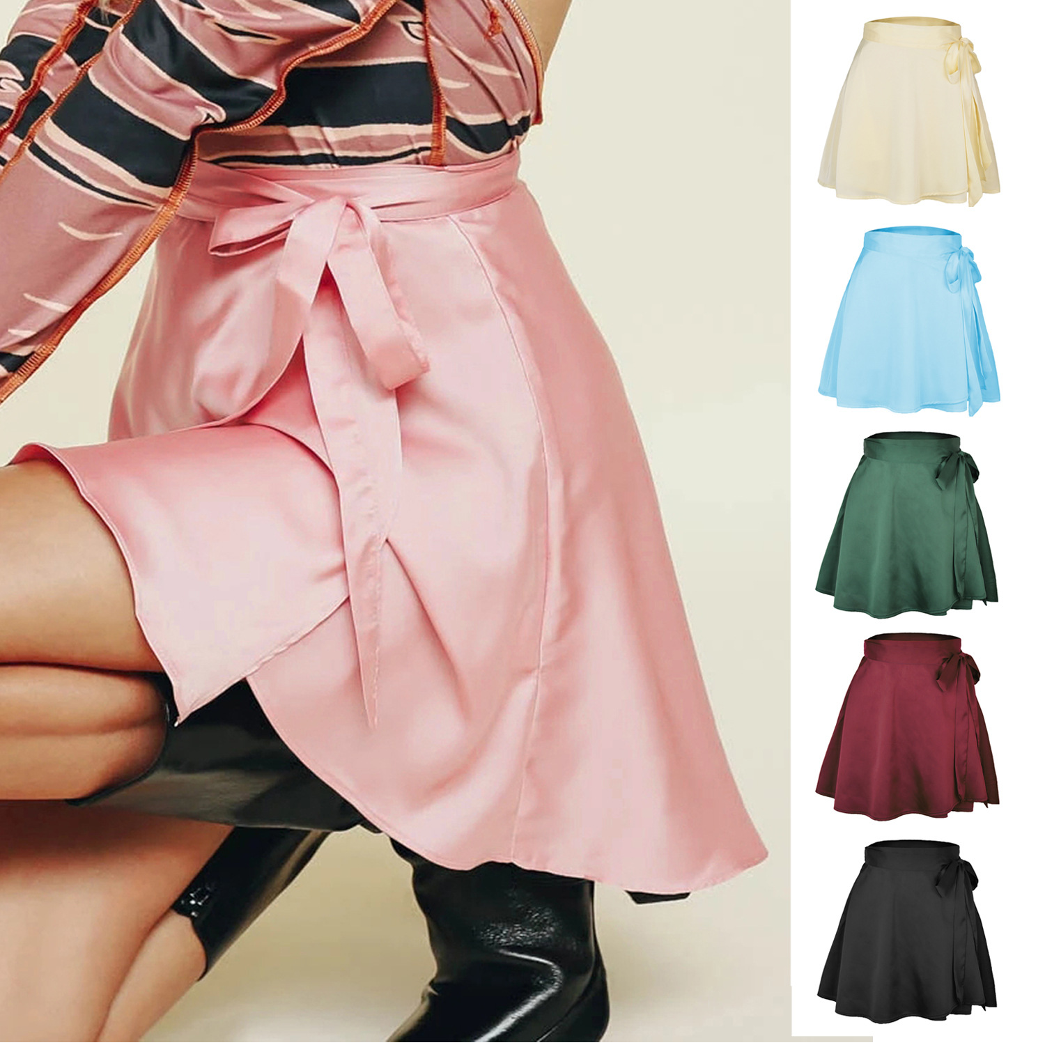 Jupe d'été en mousseline de soie pour femmes, avec ceinture, Surface en Satin, une pièce, couleur Pure, taille haute, mode, élégante, WSL4611, 2024
