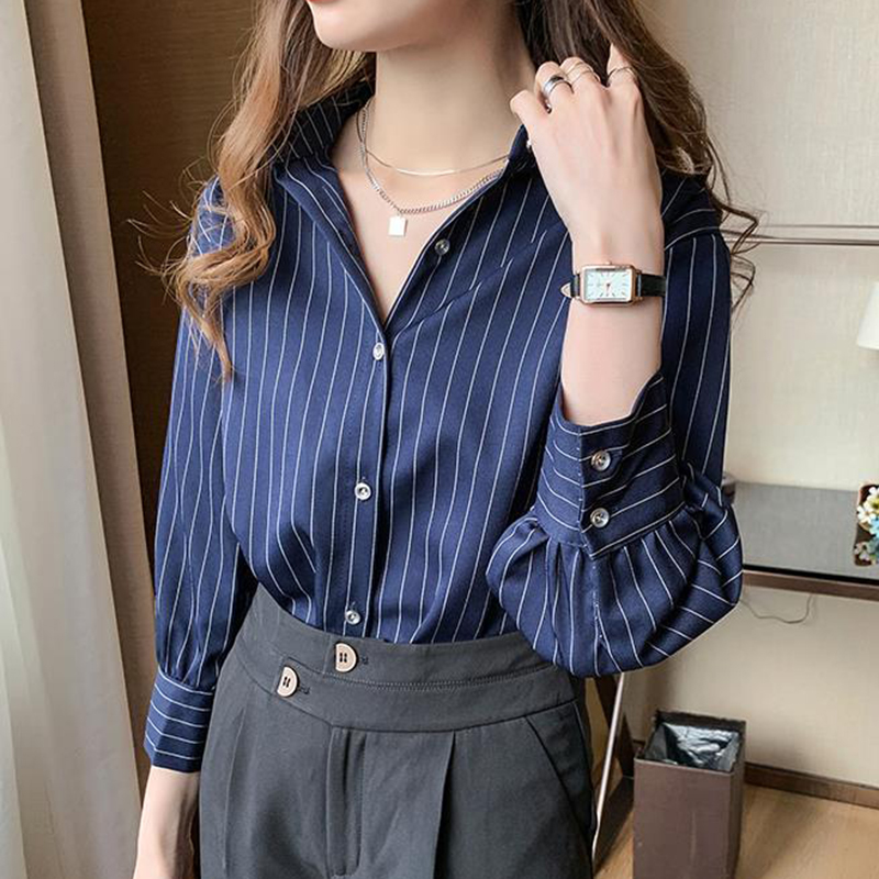 Chemise rayée pour femmes, Vintage, Chic, ample, manches longues, haut Y2K, bureau, mode dames, décontracté, col rabattu, chemisier assorti avec tout, été