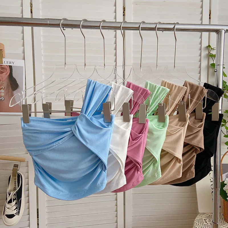 Haut Froncé Chic et Précieux pour Femme, Sangle Irrégulière, Pliage en Y, Solide, Fibris, Mode Coréenne, Livraison Directe