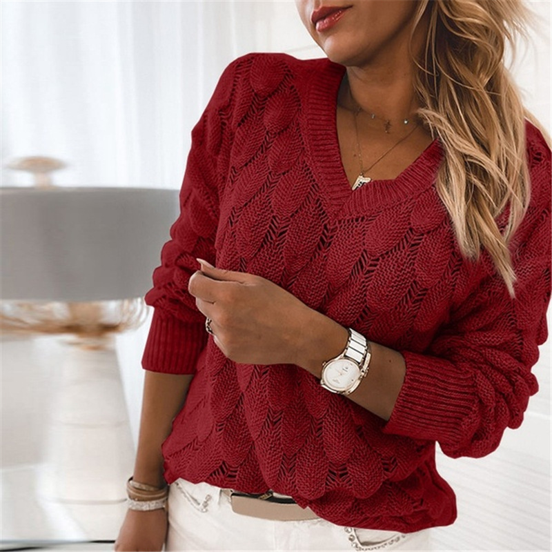 Pull à col en V surdimensionné pour femme, pulls creux légers, manches longues, broderie personnalisée