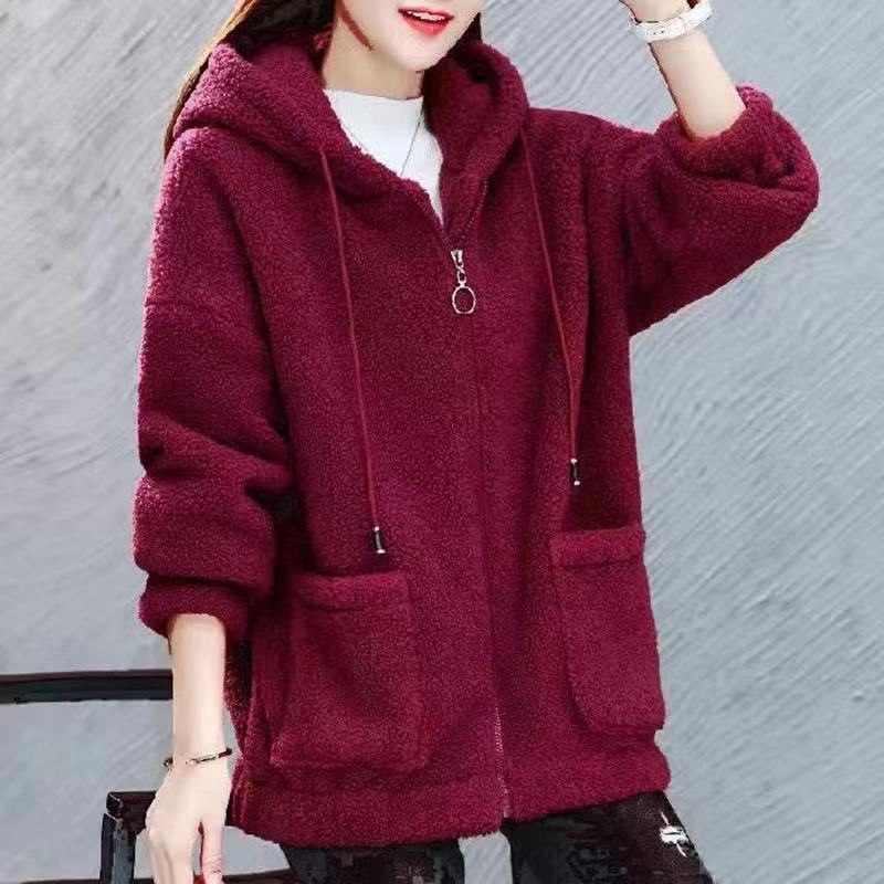Manteau à capuche pour femme, chic, en polaire épaisse, couleur unie, avec poches, manches longues, coupe ample, chaud, en peluche, fermeture éclair, cardigan, pour l'extérieur, automne-hiver, nouveauté
