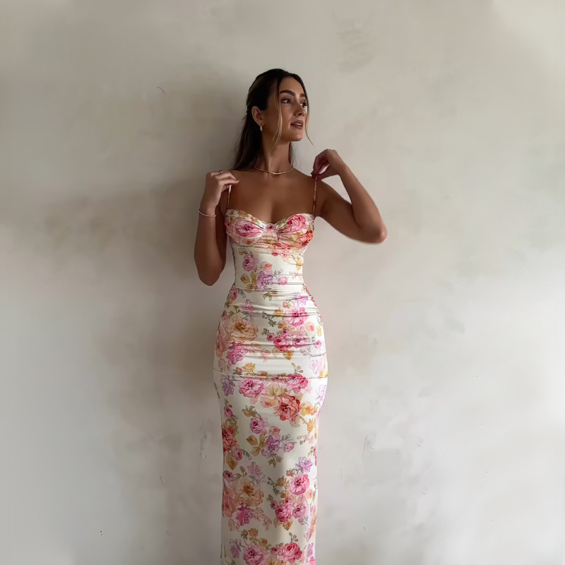 Robe longue à imprimé floral français, robe sexy sans bretelles pour femmes, robe d'été, tenue de plage, streetwear, tenue de vacances