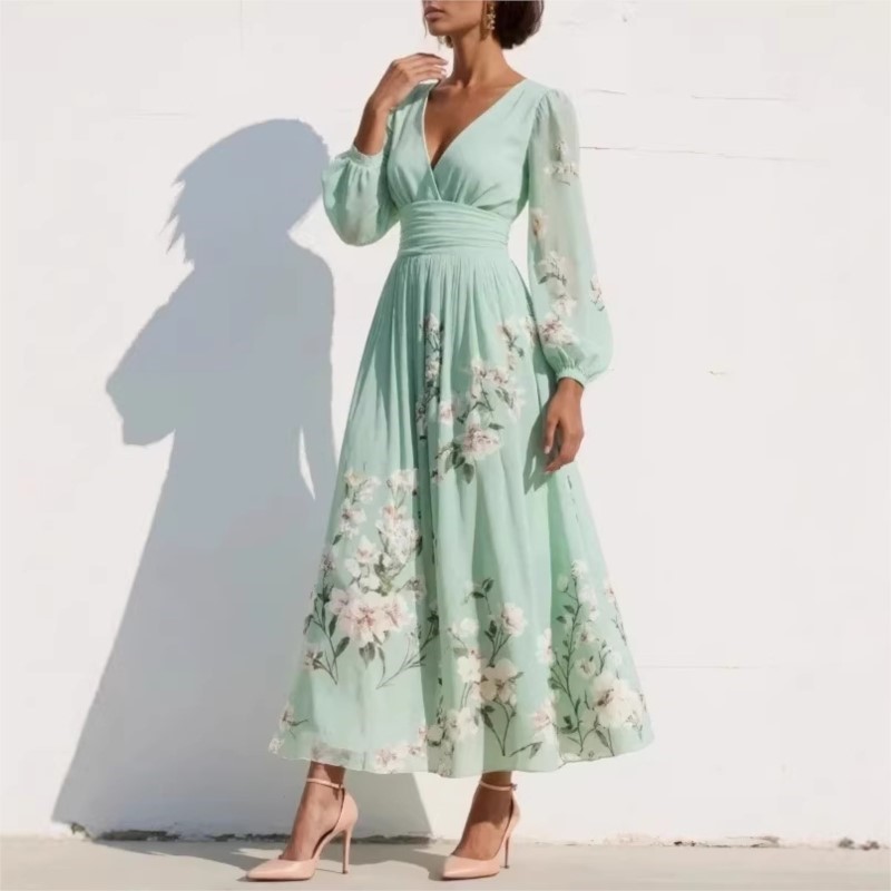Nouvelle robe élégante pour femmes printemps-été, robe sexy à col en V, imprimé, manches longues, grande robe évasée, robe de fête, robe maxi pour femmes, vêtements