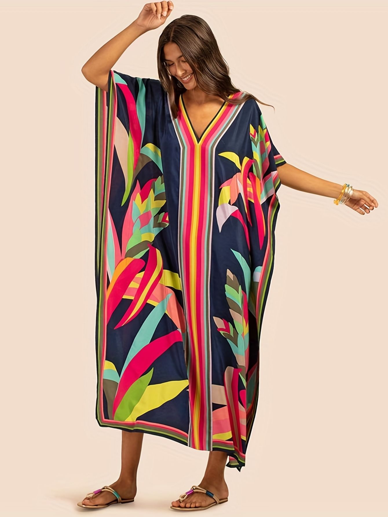 Robes Kaftan pour Femmes Grandes Tailles, Cache-maillot de bain, Robe à col en V et manches chauve-souris, Coupe ample, Caftan Marocain, Robes Mumu