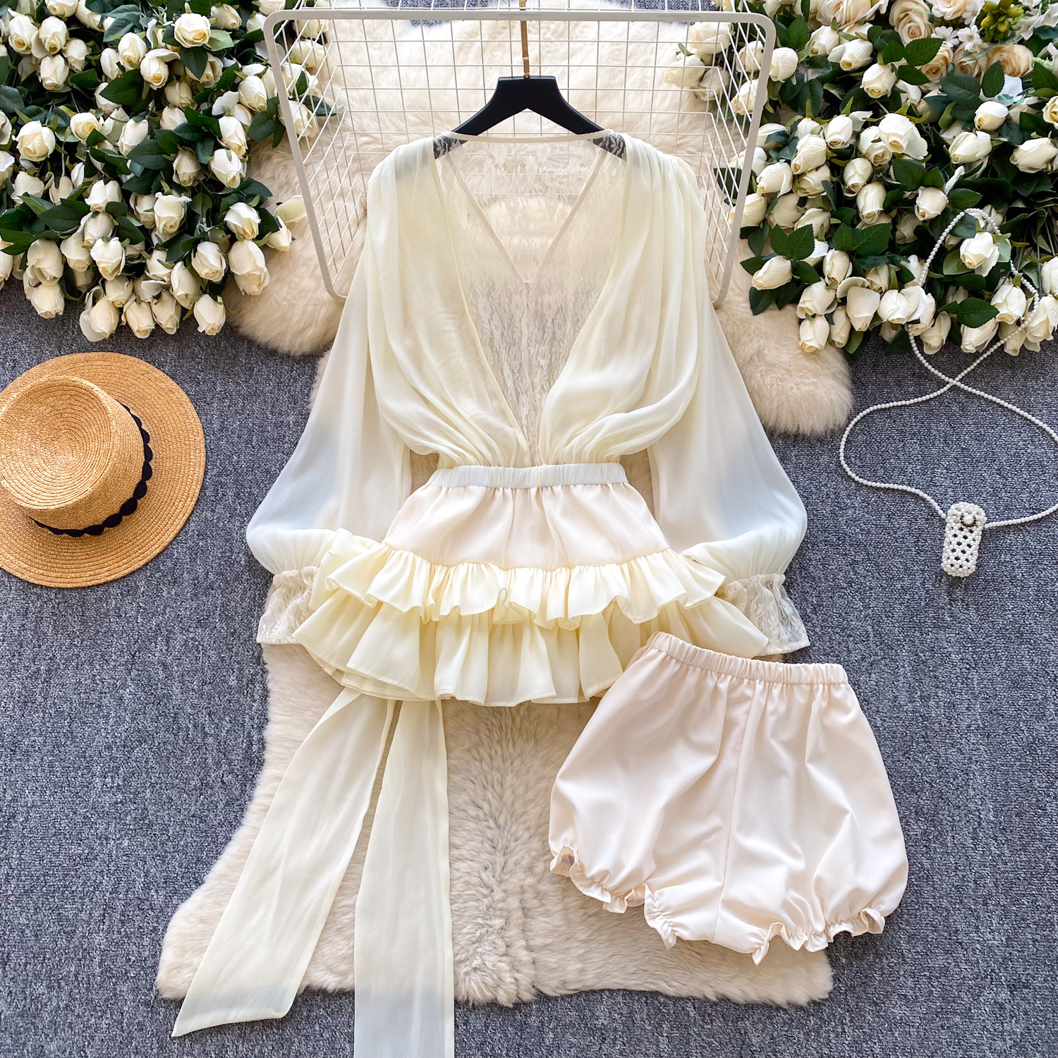 Robe de soirée en dentelle papillon, élégante, manches longues, Vintage, mode coréenne, vêtements pour femmes, ensemble deux pièces